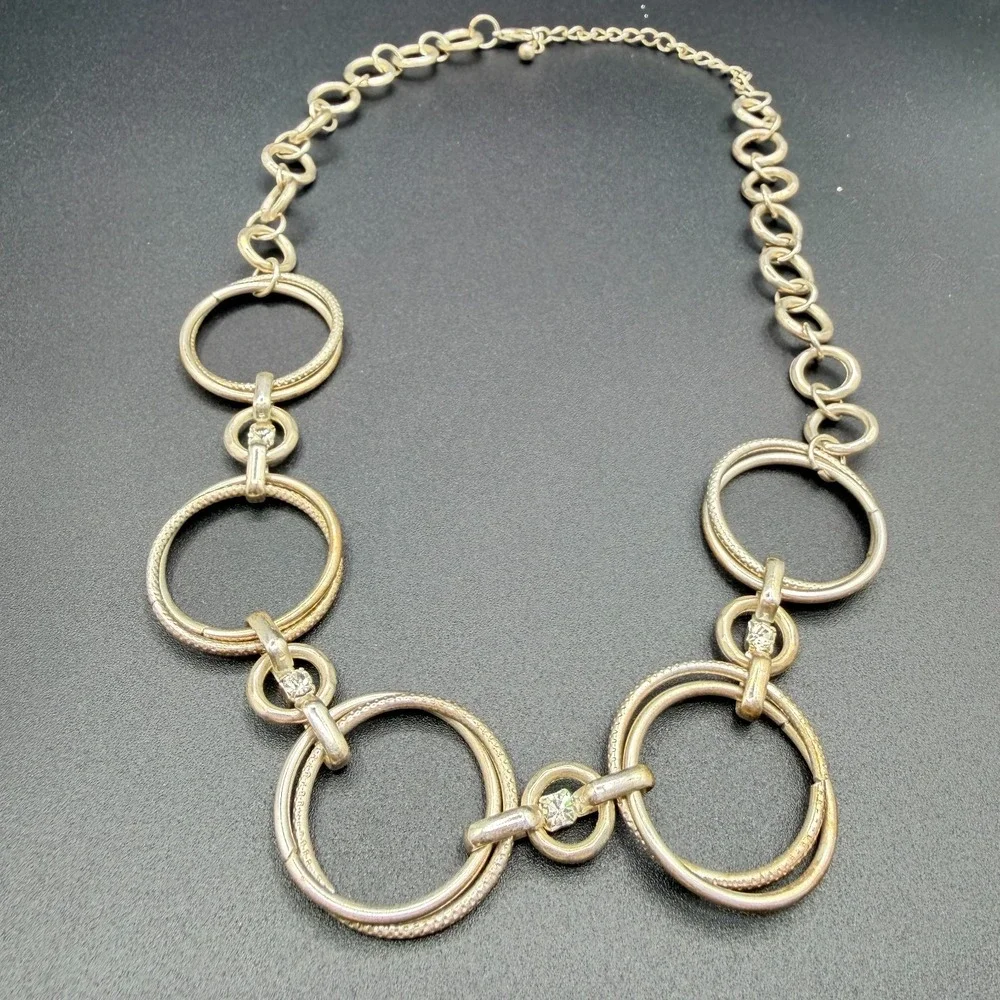 Silver Tone Circle Link Statement Necklace Rhinestone Accents Modern Geometric